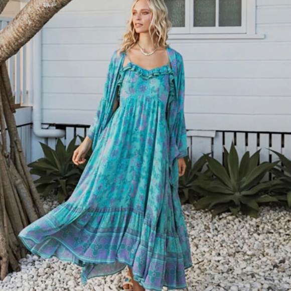 Blue Boho Kimono Floral Gypsy Print Maxi CoverUp - Picture 5 of 11